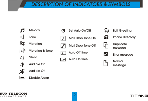 Edit GreetingPhone directoryDuplicate messageError messageNormal message               Set Auto On/OffMail Drop Tone OnMail Drop Tone OffAuto Off timeAuto On time           DESCRIPTION OF INDICATORS &amp; SYMBOLS  MelodyTone Vibration  Vibration &amp; Tone   SilentAudible OnAudible OffDisable Alarm 