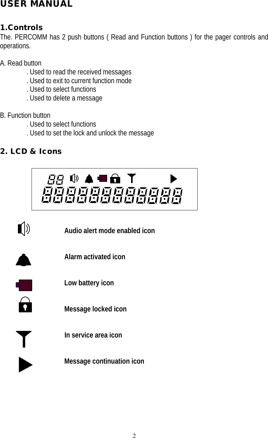 2USER MANUAL1.ControlsThe. PERCOMM has 2 push buttons ( Read and Function buttons ) for the pager controls andoperations.A. Read button       . Used to read the received messages       . Used to exit to current function mode       . Used to select functions       . Used to delete a messageB. Function button       . Used to select functions       . Used to set the lock and unlock the message2. LCD &amp; Icons                         Audio alert mode enabled icon                 Alarm activated icon                 Low battery icon                 Message locked icon                                   In service area icon                 Message continuation icon
