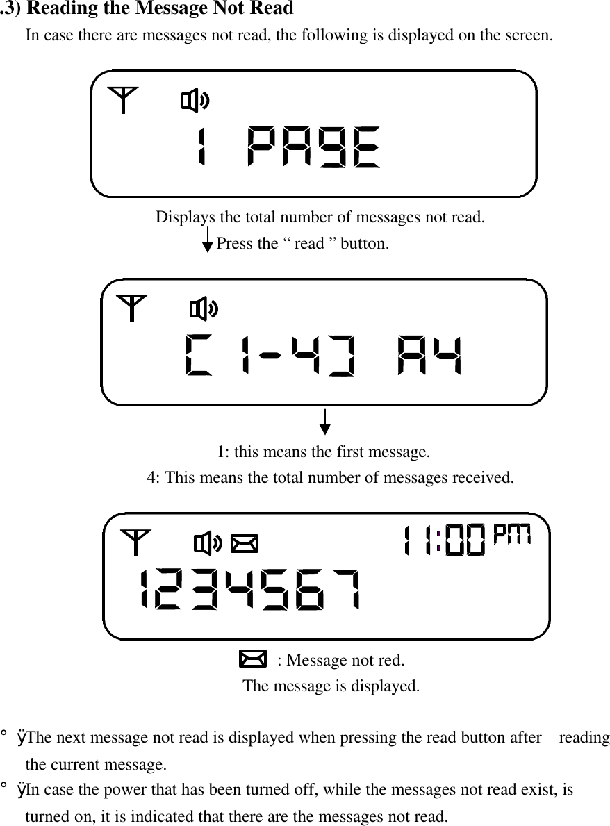 .3) Reading the Message Not Read   In case there are messages not read, the following is displayed on the screen.                                     Displays the total number of messages not read.                         Press the &ldquo; read &rdquo; button.                                                               1: this means the first message.                 4: This means the total number of messages received.                                : Message not red.                            The message is displayed.&iexcl;&Oslash; The next message not read is displayed when pressing the read button after  reading   the current message.&iexcl;&Oslash; In case the power that has been turned off, while the messages not read exist, is   turned on, it is indicated that there are the messages not read.