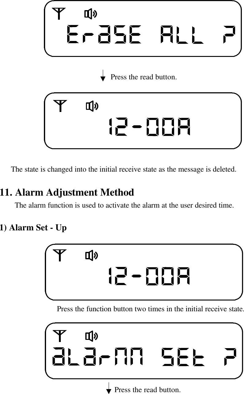                              Press the read button.                The state is changed into the initial receive state as the message is deleted.11. Alarm Adjustment Method    The alarm function is used to activate the alarm at the user desired time.1) Alarm Set - Up               Press the function button two times in the initial receive state.                              Press the read button.
