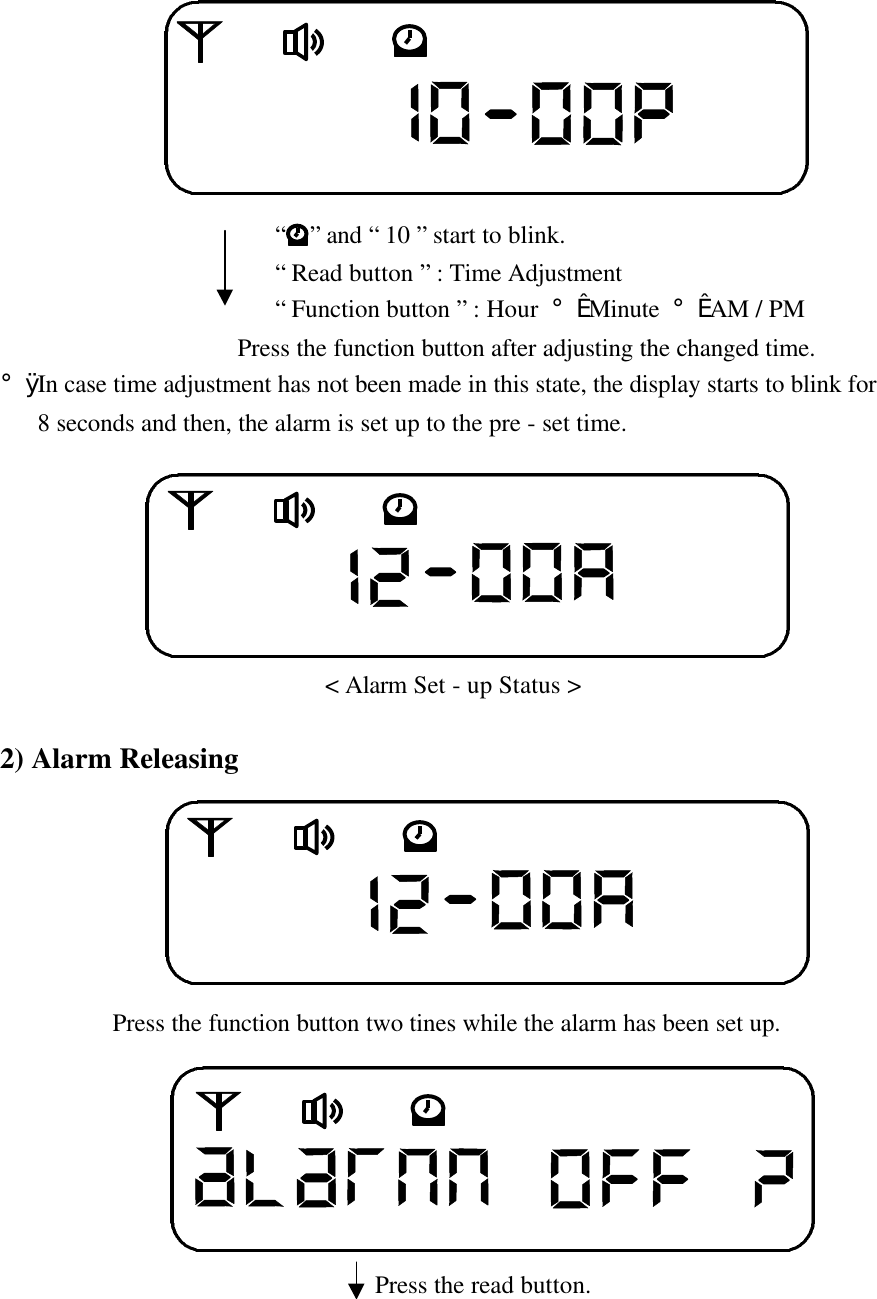                       &ldquo;  &rdquo; and &ldquo; 10 &rdquo; start to blink.                      &ldquo; Read button &rdquo; : Time Adjustment                      &ldquo; Function button &rdquo; : Hour &iexcl;&aelig; Minute &iexcl;&aelig; AM / PM                   Press the function button after adjusting the changed time.&iexcl;&Oslash; In case time adjustment has not been made in this state, the display starts to blink for   8 seconds and then, the alarm is set up to the pre - set time.                          < Alarm Set - up Status >2) Alarm Releasing              Press the function button two tines while the alarm has been set up.                                  Press the read button.