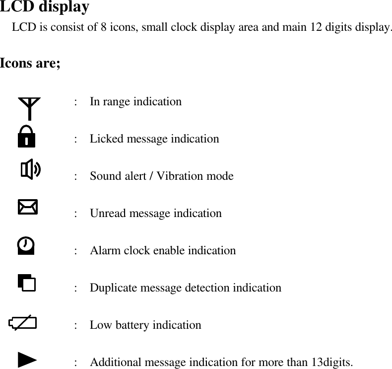 LCD display  LCD is consist of 8 icons, small clock display area and main 12 digits display.Icons are;            :  In range indication                   :  Licked message indication                   :  Sound alert / Vibration mode                   :  Unread message indication                       :  Alarm clock enable indication                     :  Duplicate message detection indication                  :  Low battery indication                   :  Additional message indication for more than 13digits.
