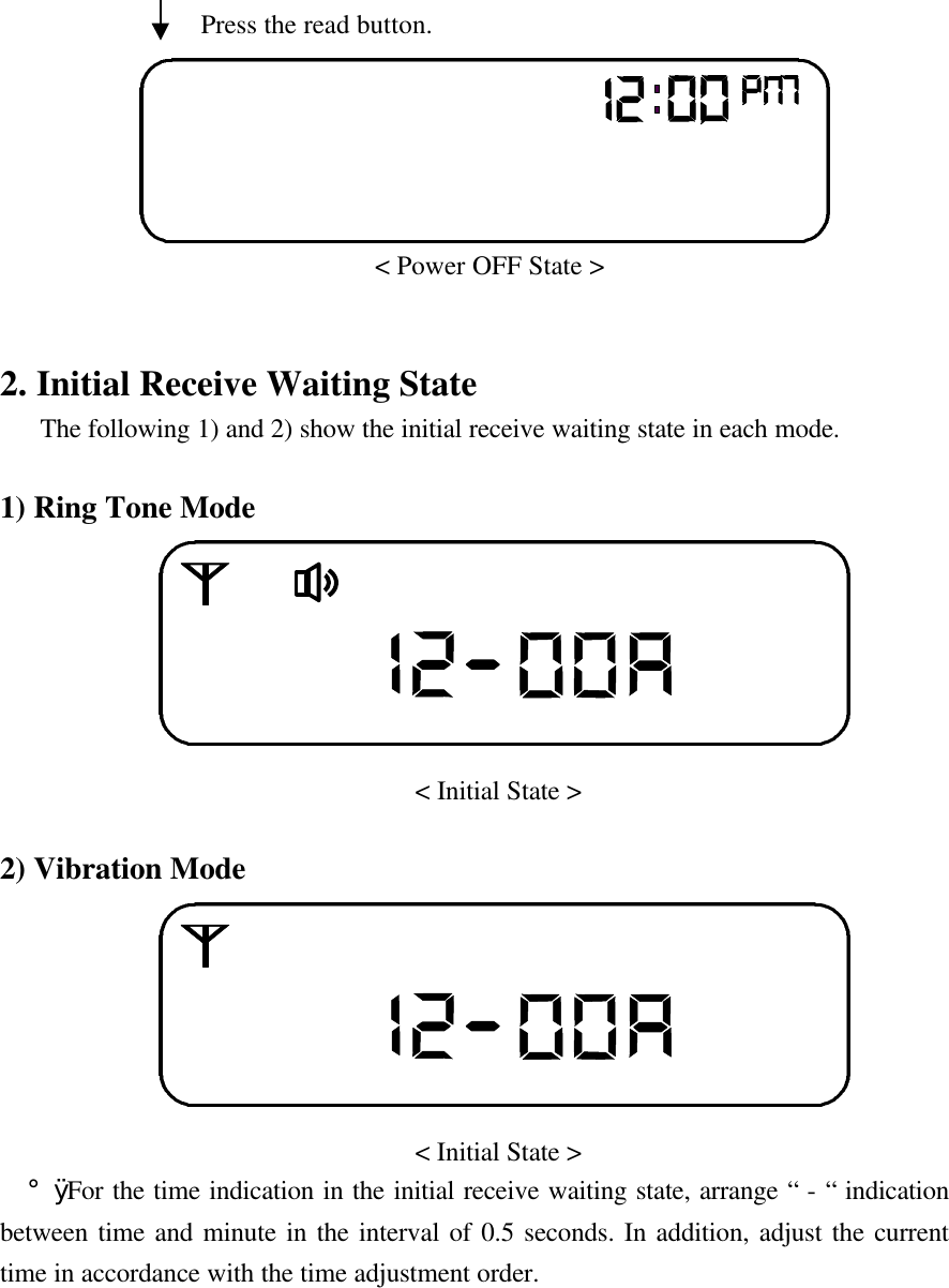                Press the read button.                            < Power OFF State >2. Initial Receive Waiting State   The following 1) and 2) show the initial receive waiting state in each mode.1) Ring Tone Mode                                    < Initial State >2) Vibration Mode                               < Initial State >  &iexcl;&Oslash; For the time indication in the initial receive waiting state, arrange &ldquo; - &ldquo; indicationbetween time and minute in the interval of 0.5 seconds. In addition, adjust the currenttime in accordance with the time adjustment order.