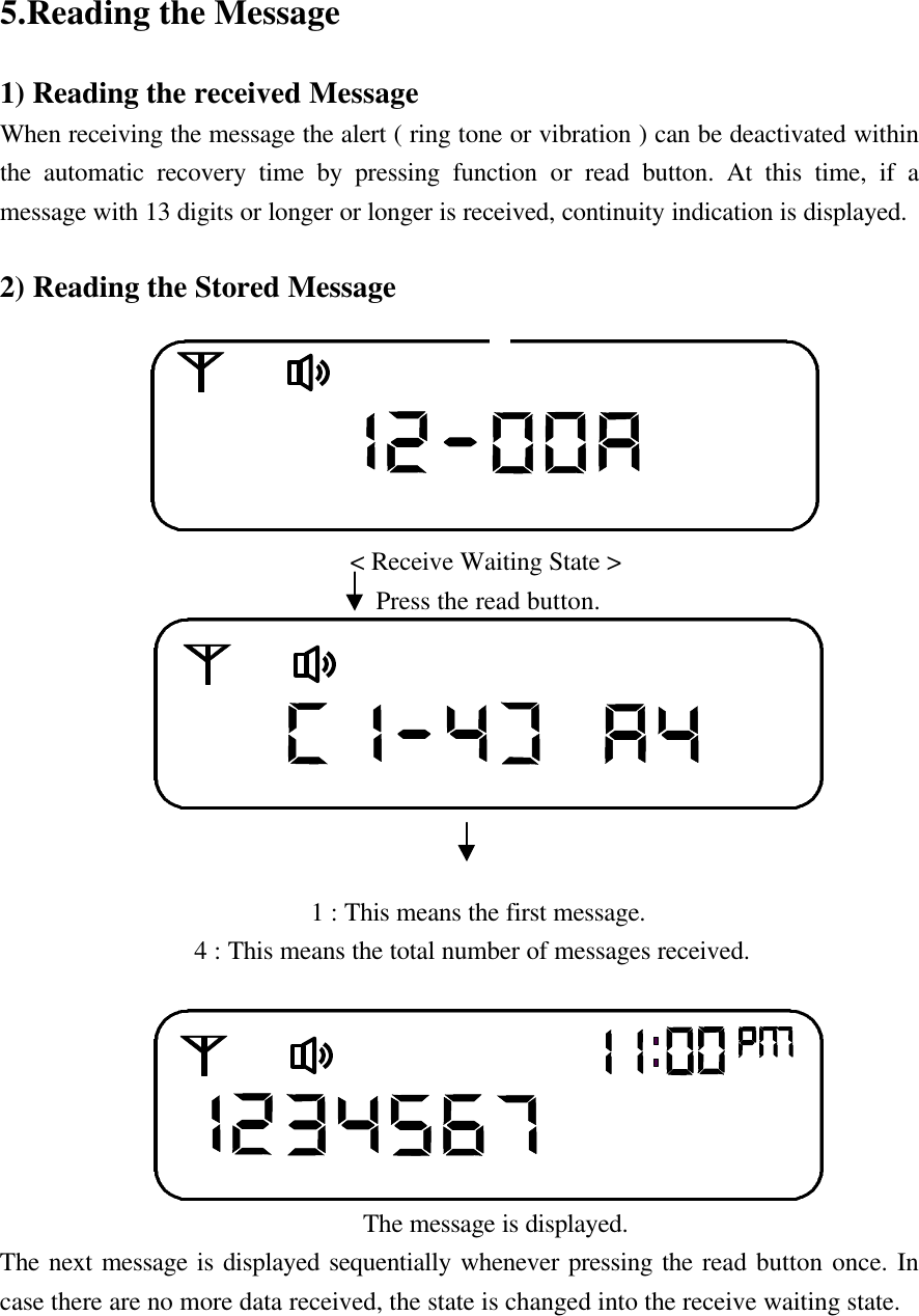 5.Reading the Message1) Reading the received MessageWhen receiving the message the alert ( ring tone or vibration ) can be deactivated withinthe automatic recovery time by pressing function or read button. At this time, if amessage with 13 digits or longer or longer is received, continuity indication is displayed.2) Reading the Stored Message                                                    < Receive Waiting State >                             Press the read button.                                                                                     1 : This means the first message.               4 : This means the total number of messages received.                            The message is displayed.The next message is displayed sequentially whenever pressing the read button once. Incase there are no more data received, the state is changed into the receive waiting state.