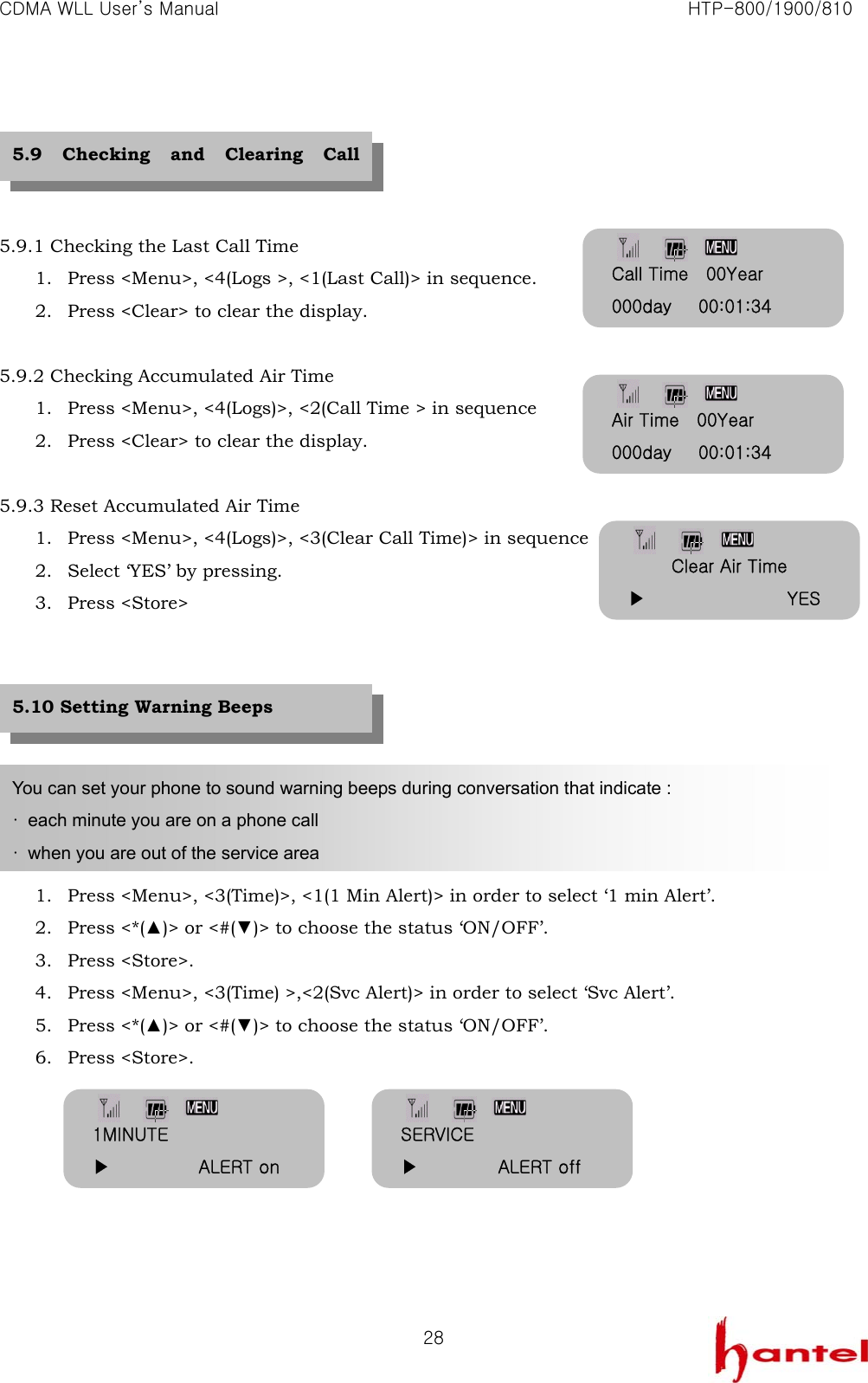 CDMA WLL User&rsquo;s Manual                                                               HTP-800/1900/810   28    5.9.1 Checking the Last Call Time 1. Press <Menu>, <4(Logs >, <1(Last Call)> in sequence. 2. Press <Clear> to clear the display.  5.9.2 Checking Accumulated Air Time 1. Press <Menu>, <4(Logs)>, <2(Call Time > in sequence 2. Press <Clear> to clear the display.  5.9.3 Reset Accumulated Air Time 1. Press <Menu>, <4(Logs)>, <3(Clear Call Time)> in sequence 2. Select &lsquo;YES&rsquo; by pressing. 3. Press <Store>         1. Press <Menu>, <3(Time)>, <1(1 Min Alert)> in order to select &lsquo;1 min Alert&rsquo;. 2. Press <*(▲)> or <#(▼)> to choose the status &lsquo;ON/OFF&rsquo;. 3. Press <Store>. 4. Press <Menu>, <3(Time) >,<2(Svc Alert)> in order to select &lsquo;Svc Alert&rsquo;. 5. Press <*(▲)> or <#(▼)> to choose the status &lsquo;ON/OFF&rsquo;. 6. Press <Store>.        You can set your phone to sound warning beeps during conversation that indicate : &middot;  each minute you are on a phone call &middot;  when you are out of the service area 5.10 Setting Warning Beeps 5.9 Checking and Clearing Call Call Time    00Year 000day      00:01:34 Air Time    00Year 000day      00:01:34 Clear Air Time ▶                YES1MINUTE ▶          ALERT on SERVICE ▶         ALERT off 