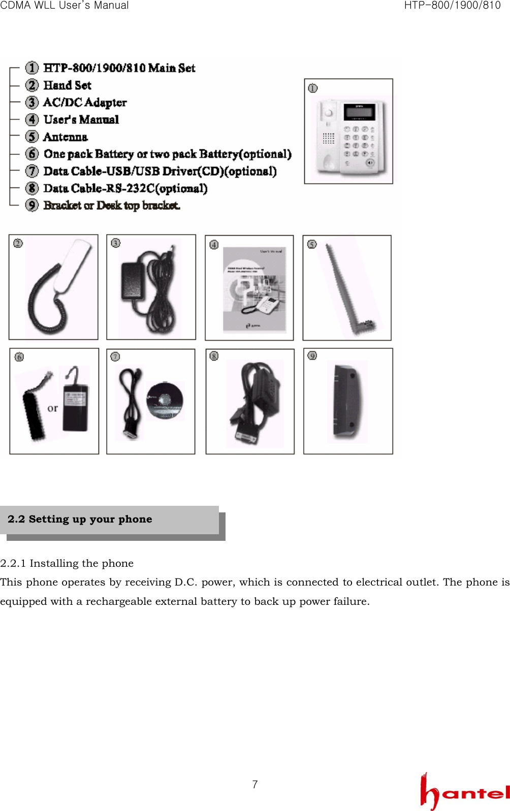 CDMA WLL User&rsquo;s Manual                                                               HTP-800/1900/810   7      2.2.1 Installing the phone This phone operates by receiving D.C. power, which is connected to electrical outlet. The phone is equipped with a rechargeable external battery to back up power failure.    2.2 Setting up your phone 