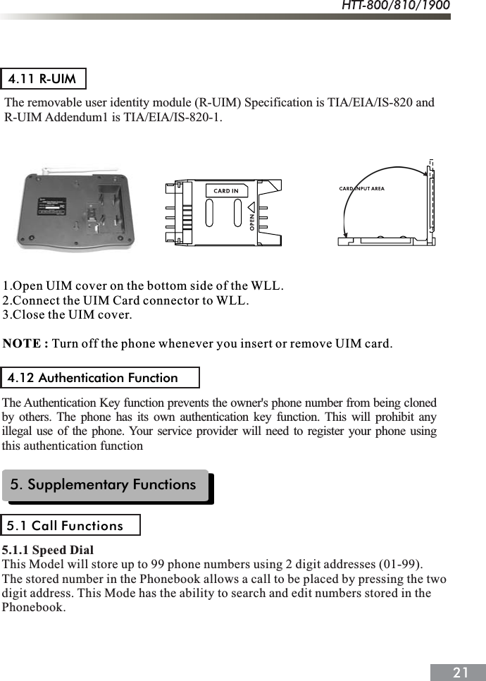 4.11 R-UIMThe removable user identity module (R-UIM) Specification is TIA/EIA/IS-820 and R-UIM Addendum1 is TIA/EIA/IS-820-1.1.Open UIM cover on the bottom side of the WLL.2.Connect the UIM Card connector to WLL.3.Close the UIM cover.NOTE : Turn off the phone whenever you insert or remove UIM card.4.12 Authentication FunctionThe Authentication Key function prevents the owner's phone number from being clonedby others. The phone has its own authentication key function. This will prohibit anyillegal use of the phone. Your service provider will need to register your phone using.this authentication function5. Supplementary Functions5.1 Call Functions5.1.1 Speed DialThis Model will store up to 99 phone numbers using 2 digit addresses (01-99).The stored number in the Phonebook allows a call to be placed by pressing the twodigit address. This Mode has the ability to search and edit numbers stored in thePhonebook.