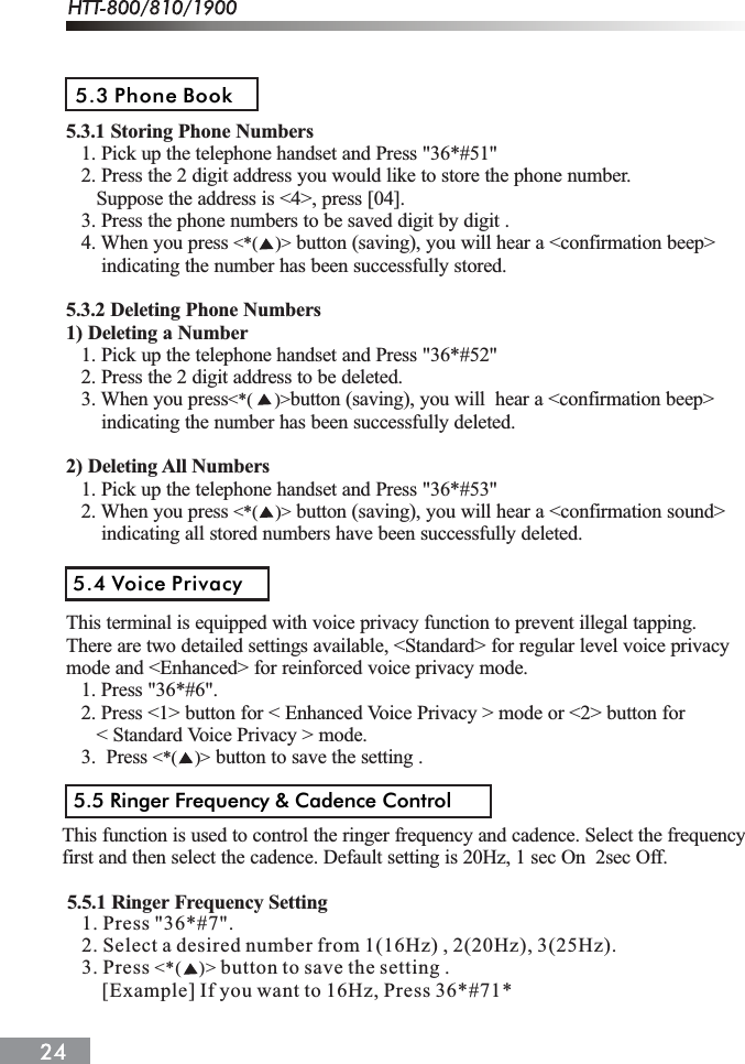 5.3.1 Storing Phone Numbers   1. Pick up the telephone handset and Press "36*#51"   2. Press the 2 digit address you would like to store the phone number.      Suppose the address is <4>, press [04].   3. Press the phone numbers to be saved digit by digit .   4. When you press  button (saving), you will hear a <confirmation beep>       indicating the number has been successfully stored.5.3.2 Deleting Phone Numbers1) Deleting a Number   1. Pick up the telephone handset and Press "36*#52"   2. Press the 2 digit address to be deleted.   3. When you press button (saving), you will  hear a <confirmation beep>       indicating the number has been successfully deleted.2) Deleting All Numbers   1. Pick up the telephone handset and Press "36*#53"   2. When you press  button (saving), you will hear a <confirmation sound>       indicating all stored numbers have been successfully deleted.This terminal is equipped with voice privacy function to prevent illegal tapping.There are two detailed settings available, <Standard> for regular level voice privacymode and <Enhanced> for reinforced voice privacy mode.<*(    )><*(     )><*(    )><*(    )>1. Press "36*#6".   2. Press <1> button for < Enhanced Voice Privacy > mode or <2> button for      < Standard Voice Privacy > mode.   3.  Press  button to save the setting .5.3 Phone Book5.4 Voice PrivacyThis function is used to control the ringer frequency and cadence. Select the frequencyfirst and then select the cadence. Default setting is 20Hz, 1 sec On  2sec Off. 5.5.1 Ringer Frequency Setting5.5 Ringer Frequency &amp; Cadence Control    1. Press "36*#7".    2. Select a desired number from 1(16Hz) , 2(20Hz), 3(25Hz).    3. Press  button to save the setting .        [Example] If you want to 16Hz, Press 36*#71*<*(    )>