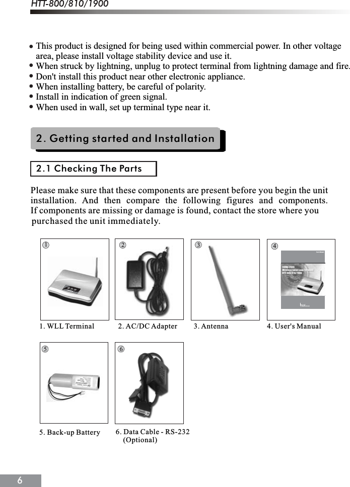 This product is designed for being used within commercial power. In other voltage area, please install voltage stability device and use it.When struck by lightning, unplug to protect terminal from lightning damage and fire.Don't install this product near other electronic appliance.When installing battery, be careful of polarity.Install in indication of green signal.When used in wall, set up terminal type near it.2. Getting started and Installation2.1 Checking The Partspurchased the unit immediately.4253611. WLL Terminal             2. AC/DC Adapter         3. Antenna                     4. User's Manual5. Back-up Battery 6. Data Cable - RS-232    (Optional)User's Manualwww.han-tel.comPlease make sure that these components are present before you begin the unitinstallation. And then compare the following figures and components.If components are missing or damage is found, contact the store where you