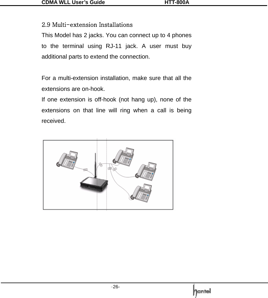 CDMA WLL User&rsquo;s Guide               HTT-800A -26-    2.9 Multi-extension Installations This Model has 2 jacks. You can connect up to 4 phones to the terminal using RJ-11 jack. A user must buy additional parts to extend the connection.  For a multi-extension installation, make sure that all the extensions are on-hook. If one extension is off-hook (not hang up), none of the extensions on that line will ring when a call is being received.        