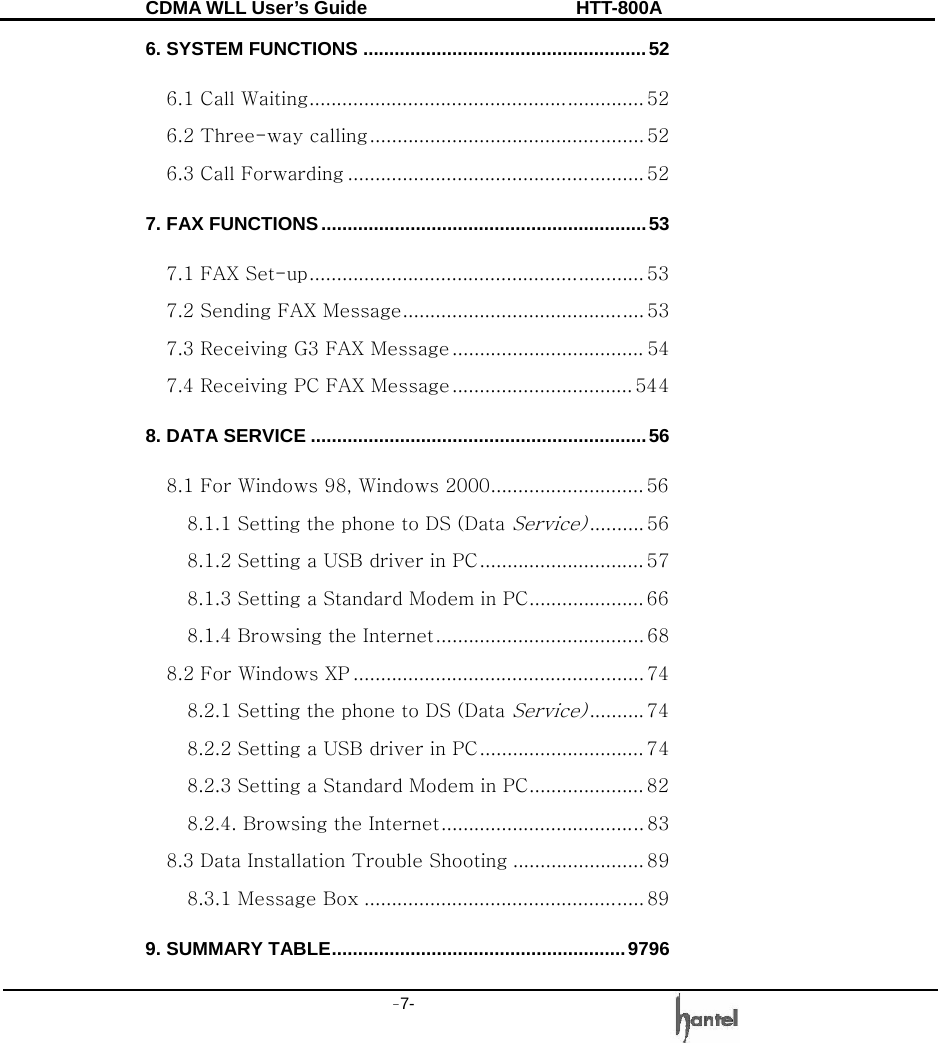 CDMA WLL User&rsquo;s Guide               HTT-800A -7-   6. SYSTEM FUNCTIONS ......................................................52 6.1 Call Waiting............................................................. 52 6.2 Three-way calling.................................................. 52 6.3 Call Forwarding ...................................................... 52 7. FAX FUNCTIONS..............................................................53 7.1 FAX Set-up............................................................. 53 7.2 Sending FAX Message............................................ 53 7.3 Receiving G3 FAX Message ................................... 54 7.4 Receiving PC FAX Message ................................. 544 8. DATA SERVICE ................................................................56 8.1 For Windows 98, Windows 2000............................ 56 8.1.1 Setting the phone to DS (Data Service).......... 56 8.1.2 Setting a USB driver in PC.............................. 57 8.1.3 Setting a Standard Modem in PC..................... 66 8.1.4 Browsing the Internet...................................... 68 8.2 For Windows XP ..................................................... 74 8.2.1 Setting the phone to DS (Data Service).......... 74 8.2.2 Setting a USB driver in PC.............................. 74 8.2.3 Setting a Standard Modem in PC..................... 82 8.2.4. Browsing the Internet..................................... 83 8.3 Data Installation Trouble Shooting ........................ 89 8.3.1 Message Box ................................................... 89 9. SUMMARY TABLE........................................................9796 