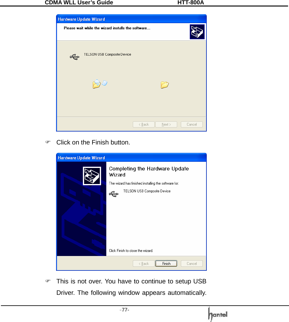 CDMA WLL User&rsquo;s Guide               HTT-800A -77-    )  Click on the Finish button.  )  This is not over. You have to continue to setup USB Driver. The following window appears automatically.  