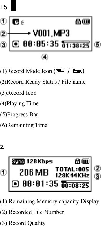 15  (1)Record Mode Icon (  /  ) (2)Record Ready Status / File name (3)Record Icon (4)Playing Time (5)Progress Bar (6)Remaining Time  2.  (1) Remaining Memory capacity Display (2) Recorded File Number (3) Record Quality    