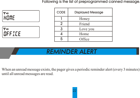   REMINDER ALERT22Following is the list of preprogrammed canned message.  CODE  12345Displayed MessageHoneyFriendLove youHomeOfficeWhen an unread message exists, the pager gives a periodic reminder alert (every 3 minutes)until all unread messages are read. 