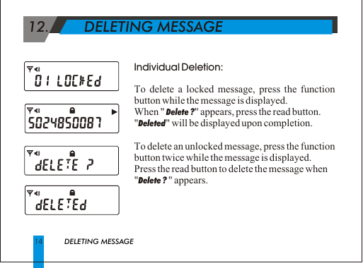  12.        DELETING MESSAGE14DELETING MESSAGEIndividual Deletion:To delete a locked message, press the function button while the message is displayed.When " Delete ?" appears, press the read button.  "Deleted " will be displayed upon completion.To delete an unlocked message, press the function button twice while the message is displayed. Press the read button to delete the message when    "Delete ? " appears.