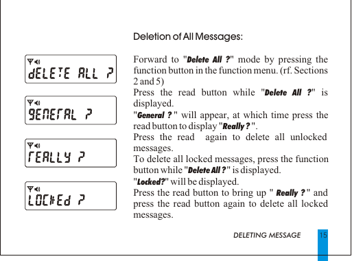 Deletion of All Messages:Forward to "Delete All ?" mode by pressing the function button in the function menu. (rf. Sections 2 and 5)Press the read button while "Delete All ?" is displayed.  "General ? " will appear, at which time press the read button to display "Really ? ".Press the read  again to delete all unlocked messages.To delete all locked messages, press the function button while "Delete All ?  " is displayed.  "Locked?" will be displayed.Press the read button to bring up " Really ? " and press the read button again to delete all locked messages.15DELETING MESSAGE