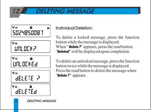  12.        DELETING MESSAGE14DELETING MESSAGEIndividual Deletion:To delete a locked message, press the function button while the message is displayed.When " Delete ?" appears, press the read button.  "Deleted " will be displayed upon completion.To delete an unlocked message, press the function button twice while the message is displayed. Press the read button to delete the message when    "Delete ? " appears.