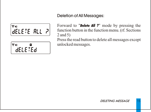 Deletion of All Messages:Forward to "Delete All ?" mode by pressing the function button in the function menu. (rf. Sections 2 and 5)Press the read button to delete all messages except unlocked messages.15DELETING MESSAGE