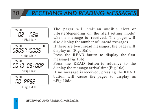  10.      RECEIVING AND READING MESSAGESRECEIVING AND READING MESSAGESThe pager will emit an audible alert or vibrate(depending on the alert setting mode) when a message is  received. The pager will also display the number of unread messages.If there are two unread messages, the pager will display as <Fig.10a>.Press the READ button to display the first message(Fig.10b).Press the READ button to advance to the display the message arrival time(Fig.10c).If no message is received, pressing the READ button will cause the pager to display as <Fig.10d>.< Fig.10a > < Fig.10b  > < Fig.10c > < Fig.10d  > 