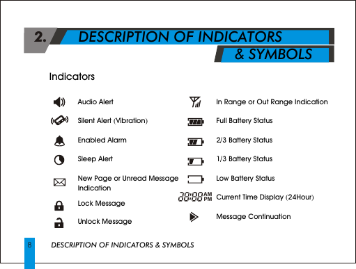  Indicators                2.       DESCRIPTION OF INDICATORS                                                  &amp; SYMBOLSAudio Alert         Silent Alert (Vibration)Enabled AlarmSleep AlertNew Page or Unread Message IndicationLock MessageUnlock MessageIn Range or Out Range IndicationFull Battery Status2/3 Battery Status1/3 Battery StatusLow Battery StatusCurrent Time Display (24Hour)Message Continuation8DESCRIPTION OF INDICATORS &amp; SYMBOLSAMPM