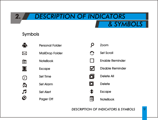 Symbols               2.       DESCRIPTION OF INDICATORS                                                    &amp; SYMBOLSPersonal FolderMailDrop FolderNoteBookEscapeSet TimeSet AlarmSet AlertPager Off               Zoom Set ScrollEnable Reminder Disable Reminder Delete AllDelete EscapeNoteBookDESCRIPTION OF INDICATORS &amp; SYMBOLS 9