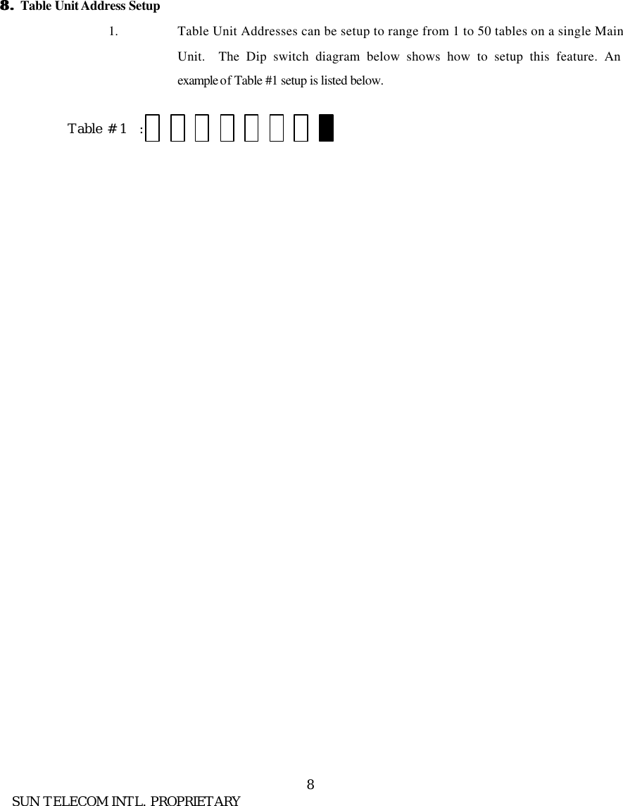      SUN TELECOM INTL. PROPRIETARY 8       8. 8. Table Unit Address Setup 1.  Table Unit Addresses can be setup to range from 1 to 50 tables on a single Main Unit.  The Dip switch diagram below shows how to setup this feature. An example of Table #1 setup is listed below.   Table # 1  :   