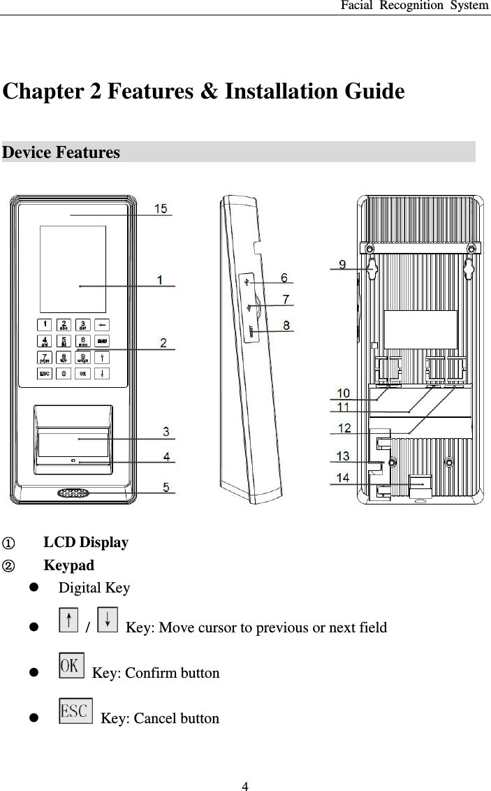 Facial  Recognition  System 4  Chapter 2 Features &amp; Installation Guide Device Features                                             ķ LCD Display ĸ Keypad  Digital Key    /    Key: Move cursor to previous or next field    Key: Confirm button    Key: Cancel button 