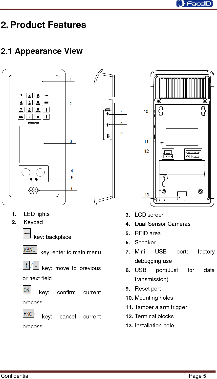  Confidential                                                           Page 5    2. Product Features 2.1 Appearance View  1.   LED lights 2.   Keypad   key: backplace   key: enter to main menu   key:  move  to  previous or next field   key:  confirm  current process   key:  cancel  current process 3. LCD screen 4. Dual Sensor Cameras 5. RFID area 6. Speaker 7. Mini  USB  port:  factory debugging use 8. USB  port(Just  for  data transmission) 9. Reset port 10. Mounting holes 11. Tamper alarm trigger 12. Terminal blocks 13. Installation hole      