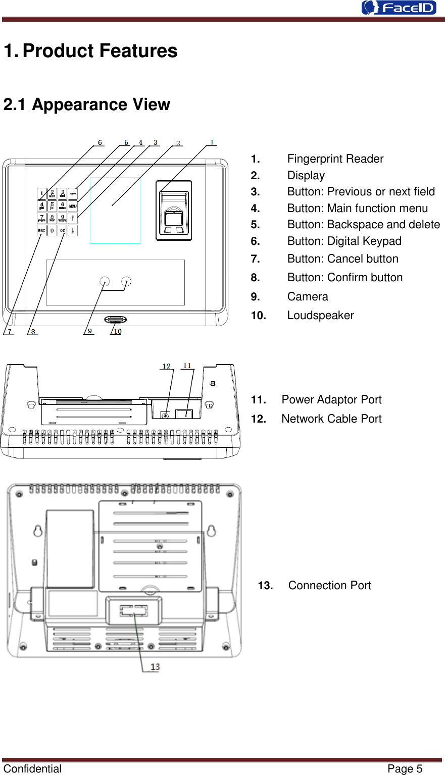  Confidential                                                           Page 5    1. Product Features 2.1 Appearance View            1.    Fingerprint Reader 2.    Display 3.    Button: Previous or next field 4.    Button: Main function menu   5.    Button: Backspace and delete 6.     Button: Digital Keypad 7.    Button: Cancel button 8.    Button: Confirm button   9.    Camera 10.    Loudspeaker     11.   Power Adaptor Port 12.     Network Cable Port          13.     Connection Port             