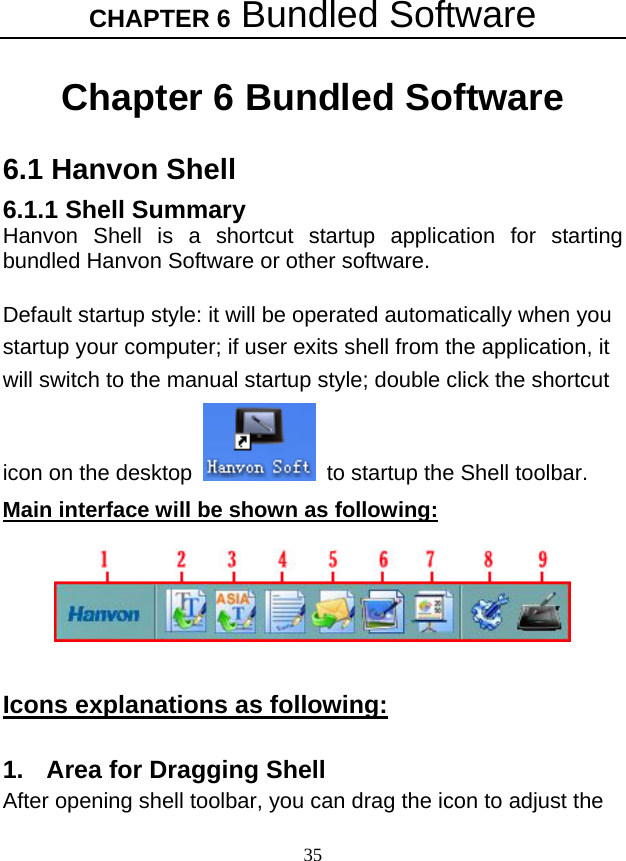 CHAPTER 6 Bundled Software 35 Chapter 6 Bundled Software 6.1 Hanvon Shell 6.1.1 Shell Summary Hanvon Shell is a shortcut startup application for starting bundled Hanvon Software or other software.    Default startup style: it will be operated automatically when you startup your computer; if user exits shell from the application, it will switch to the manual startup style; double click the shortcut icon on the desktop    to startup the Shell toolbar. Main interface will be shown as following:   Icons explanations as following:  1.  Area for Dragging Shell   After opening shell toolbar, you can drag the icon to adjust the 