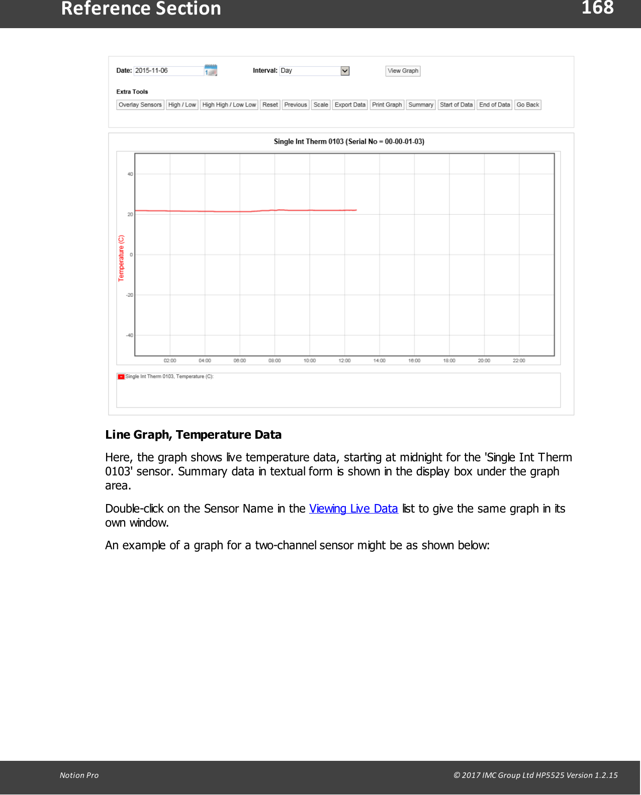 168Notion  Pro                                                                                                                                                                                                                                  &copy; 2017 IMC Group Ltd HP5525 Version 1.2.15Reference SectionLine Graph, Temperature DataHere, the graph shows live temperature data, starting at midnight for the 'Single Int Therm0103' sensor. Summary data in textual form is shown in the display box under the grapharea.Double-click on the Sensor Name in the Viewing Live Data list to give the same graph in itsown  window. An example of a graph for a two-channel sensor might be as shown below: