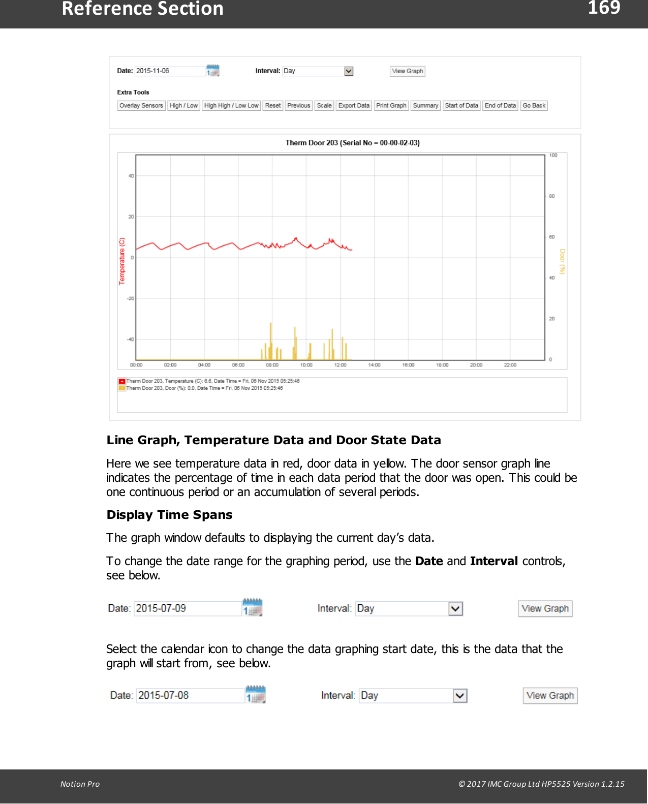 169Notion  Pro                                                                                                                                                                                                                                  &copy; 2017 IMC Group Ltd HP5525 Version 1.2.15Reference SectionLine Graph, Temperature Data and Door State DataHere we see temperature data in red, door data in yellow. The door sensor graph lineindicates the percentage of time in each data period that the door was open. This could beone continuous period or an accumulation of several periods.Display Time SpansThe graph window defaults to displaying the current day&rsquo;s data.To change the date range for the graphing period, use the Date and Interval controls,see below.Select the calendar icon to change the data graphing start date, this is the data that thegraph will start from, see below.