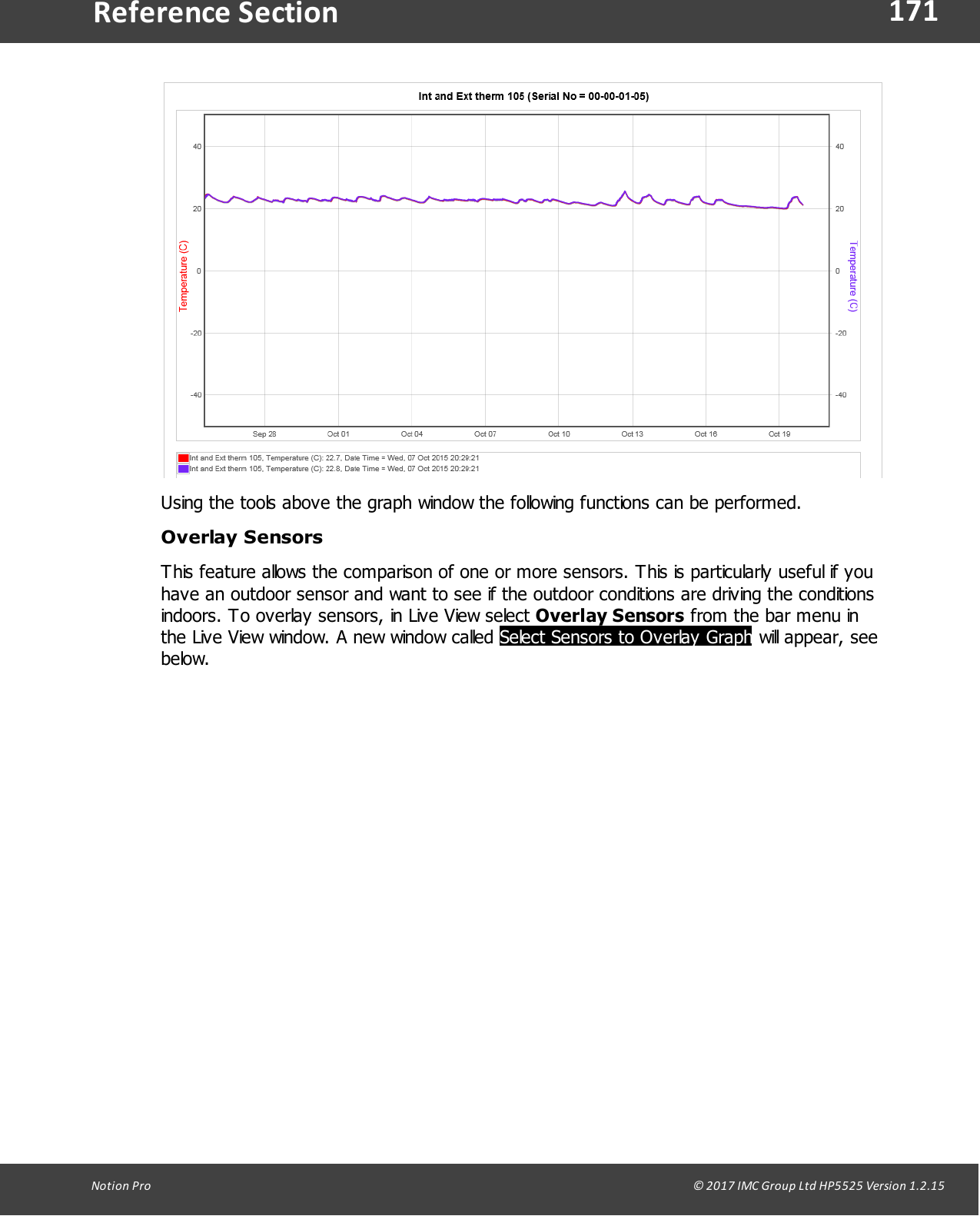 171Notion  Pro                                                                                                                                                                                                                                  &copy; 2017 IMC Group Ltd HP5525 Version 1.2.15Reference SectionUsing the tools above the graph window the following functions can be performed.Overlay SensorsThis feature allows the comparison of one or more sensors. This is particularly useful if youhave an outdoor sensor and want to see if the outdoor conditions are driving the conditionsindoors. To overlay sensors, in Live View select Overlay Sensors from the bar menu inthe Live View window. A new window called Select Sensors to Overlay Graph will appear, seebelow.