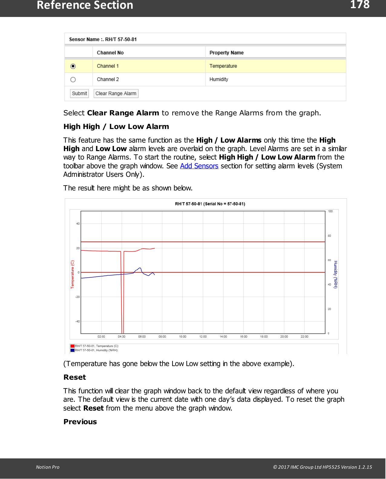 178Notion  Pro                                                                                                                                                                                                                                  &copy; 2017 IMC Group Ltd HP5525 Version 1.2.15Reference SectionSelect Clear Range Alarm to remove the Range Alarms from the graph. High High / Low Low AlarmThis feature has the same function as the High / Low Alarms only this time the HighHigh and Low Low alarm levels are overlaid on the graph. Level Alarms are set in a similarway to Range Alarms. To start the routine, select High High / Low Low Alarm from thetoolbar above the graph window. See Add Sensors section for setting alarm levels (SystemAdministrator Users Only).The result here might be as shown below.(Temperature has gone below the Low Low setting in the above example).ResetThis function will clear the graph window back to the default view regardless of where youare. The default view is the current date with one day&rsquo;s data displayed. To reset the graphselect Reset from the menu above the graph window.Previous
