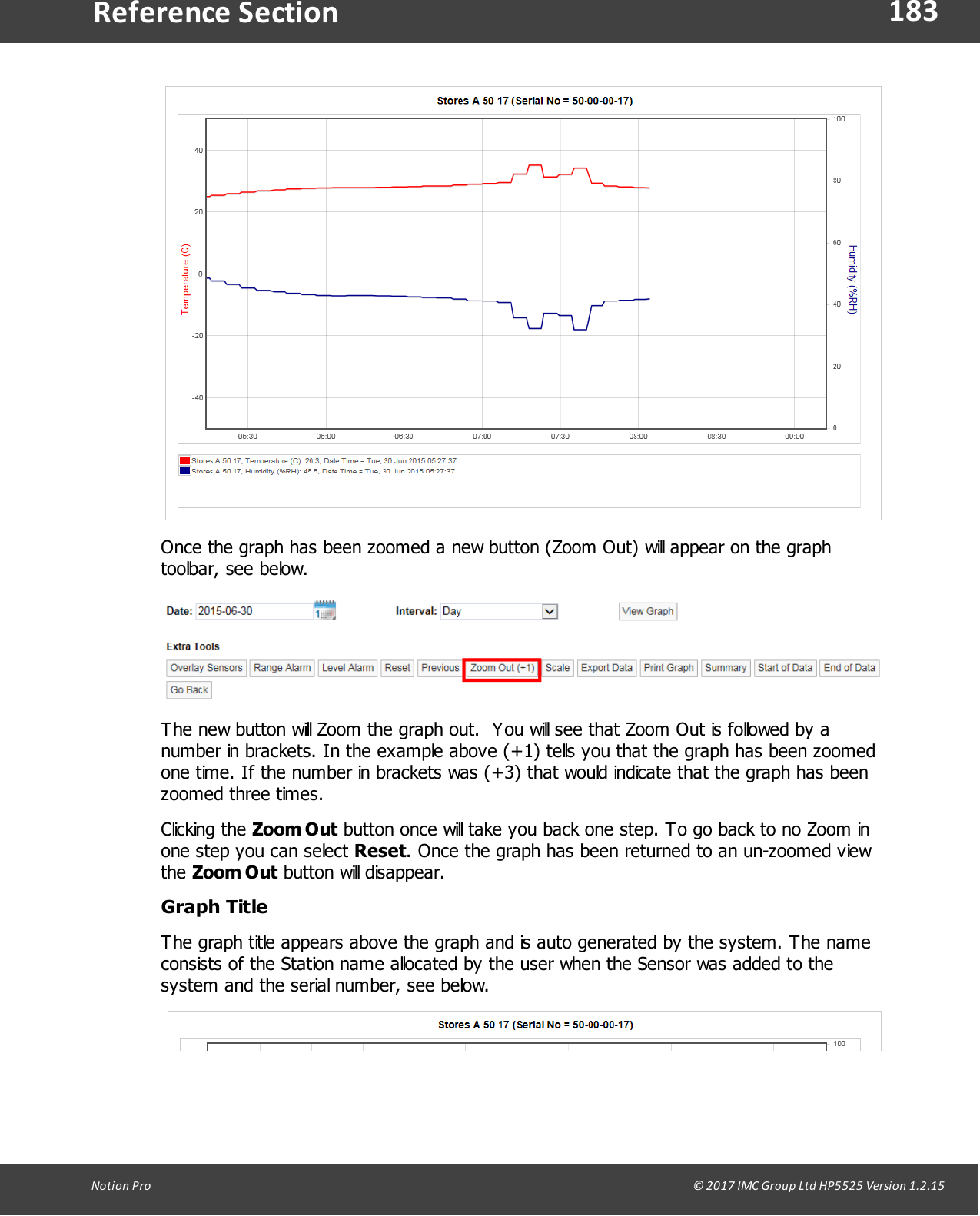 183Notion  Pro                                                                                                                                                                                                                                  &copy; 2017 IMC Group Ltd HP5525 Version 1.2.15Reference SectionOnce the graph has been zoomed a new button (Zoom Out) will appear on the graphtoolbar, see below.The new button will Zoom the graph out.  You will see that Zoom Out is followed by anumber in brackets. In the example above (+1) tells you that the graph has been zoomedone time. If the number in brackets was (+3) that would indicate that the graph has beenzoomed three times.Clicking  the  Zoom Out button once will take you back one step. To go back to no Zoom inone step you can select Reset. Once the graph has been returned to an un-zoomed viewthe Zoom Out button will disappear.Graph TitleThe graph title appears above the graph and is auto generated by the system. The nameconsists of the Station name allocated by the user when the Sensor was added to thesystem and the serial number, see below.