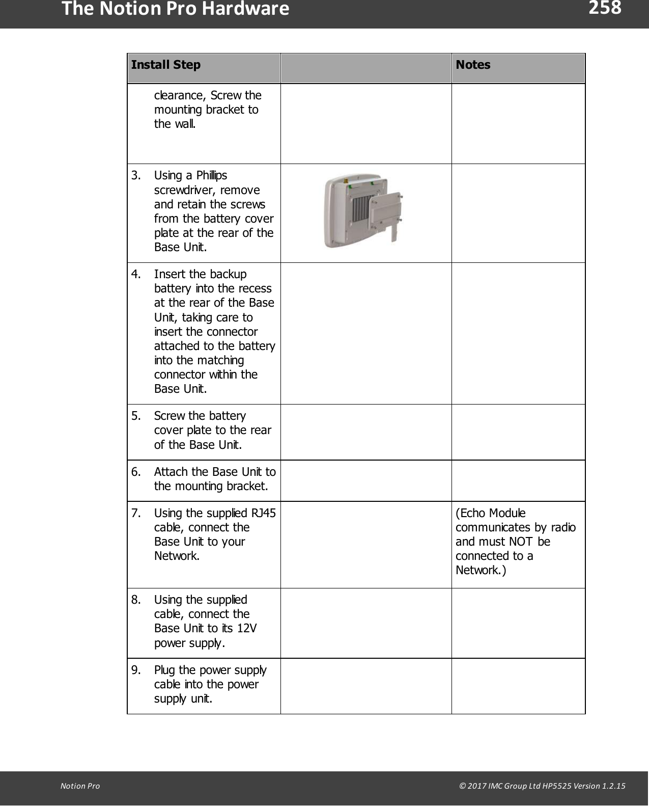 258Notion  Pro                                                                                                                                                                                                                                  &copy; 2017 IMC Group Ltd HP5525 Version 1.2.15The Notion Pro HardwareInstall StepNotesclearance, Screw themounting bracket tothe wall.3. Using a Phillipsscrewdriver, removeand retain the screwsfrom the battery coverplate at the rear of theBase Unit.4. Insert the backupbattery into the recessat the rear of the BaseUnit, taking care toinsert the connectorattached to the batteryinto the matchingconnector within theBase Unit.5. Screw the batterycover plate to the rearof the Base Unit.6. Attach the Base Unit tothe mounting bracket.7. Using the supplied RJ45cable, connect theBase Unit to yourNetwork.(Echo Modulecommunicates by radioand must NOT beconnected to aNetwork.)8. Using the suppliedcable, connect theBase Unit to its 12Vpower supply.9. Plug the power supplycable into the powersupply unit.