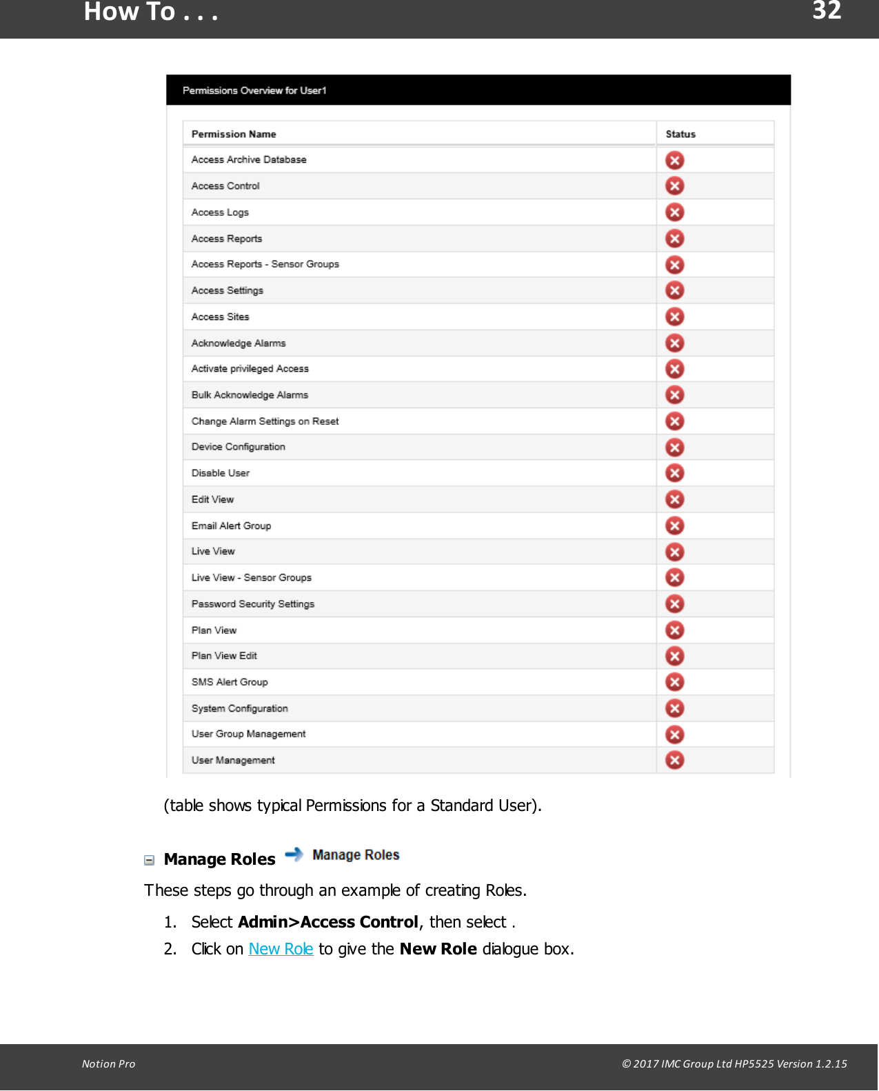 32Notion  Pro                                                                                                                                                                                                                                  &copy; 2017 IMC Group Ltd HP5525 Version 1.2.15How To . . .(table shows typical Permissions for a Standard User).Manage Roles These steps go through an example of creating Roles.1. Select Admin>Access Control,  then select  .2. Click  on  New Role to  give  the New Role dialogue box.