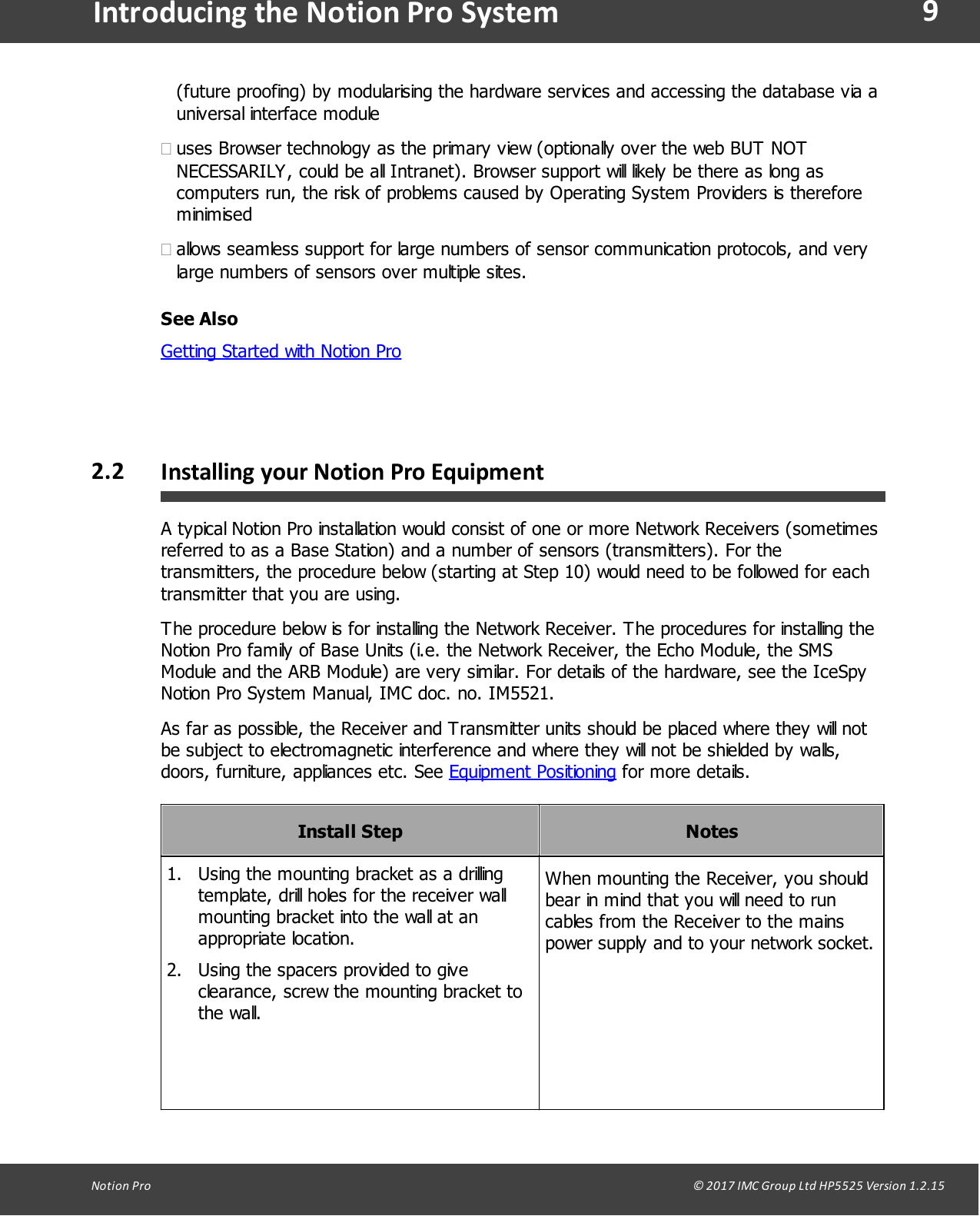 9Notion  Pro                                                                                                                                                                                                                                  &copy; 2017 IMC Group Ltd HP5525 Version 1.2.15Introducing the Notion Pro System(future proofing) by modularising the hardware services and accessing the database via auniversal interface module&middot;uses Browser technology as the primary view (optionally over the web BUT NOTNECESSARILY, could be all Intranet). Browser support will likely be there as long ascomputers run, the risk of problems caused by Operating System Providers is thereforeminimised&middot;allows seamless support for large numbers of sensor communication protocols, and verylarge numbers of sensors over multiple sites.See AlsoGetting Started with Notion Pro2.2 Installing your Notion Pro EquipmentA typical Notion Pro installation would consist of one or more Network Receivers (sometimesreferred to as a Base Station) and a number of sensors (transmitters). For thetransmitters, the procedure below (starting at Step 10) would need to be followed for eachtransmitter that you are using.The procedure below is for installing the Network Receiver. The procedures for installing theNotion Pro family of Base Units (i.e. the Network Receiver, the Echo Module, the SMSModule and the ARB Module) are very similar. For details of the hardware, see the IceSpyNotion Pro System Manual, IMC doc. no. IM5521.As far as possible, the Receiver and Transmitter units should be placed where they will notbe subject to electromagnetic interference and where they will not be shielded by walls,doors, furniture, appliances etc. See Equipment Positioning for more details.Install StepNotes1. Using the mounting bracket as a drillingtemplate, drill holes for the receiver wallmounting bracket into the wall at anappropriate location.2. Using the spacers provided to giveclearance, screw the mounting bracket tothe wall.When mounting the Receiver, you shouldbear in mind that you will need to runcables from the Receiver to the mainspower supply and to your network socket.