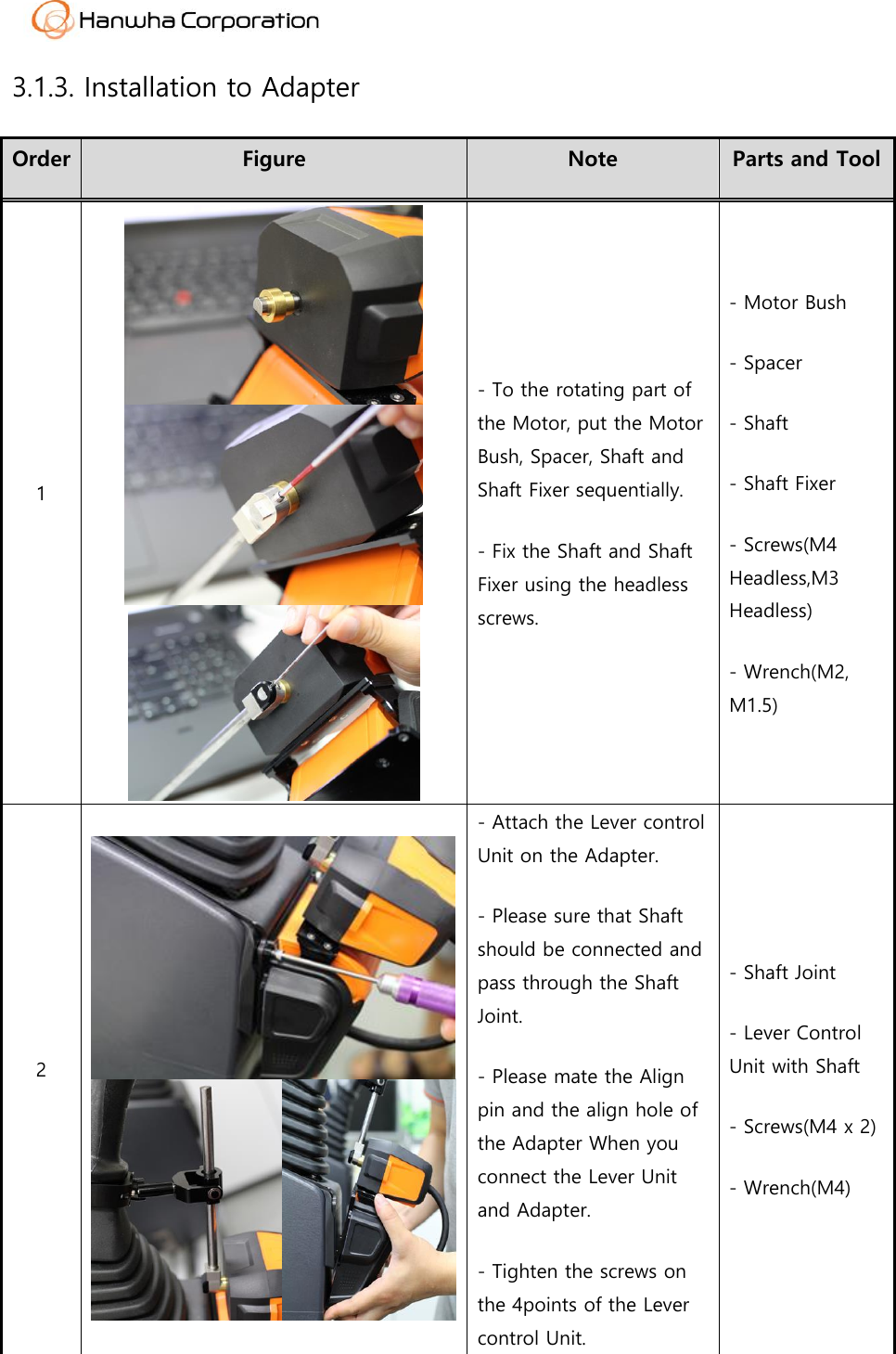  3.1.3. Installation to Adapter Order Figure Note Parts and Tool 1    - To the rotating part of the Motor, put the Motor Bush, Spacer, Shaft and Shaft Fixer sequentially. - Fix the Shaft and Shaft Fixer using the headless screws. - Motor Bush - Spacer - Shaft - Shaft Fixer - Screws(M4 Headless,M3 Headless) - Wrench(M2, M1.5) 2  - Attach the Lever control Unit on the Adapter. - Please sure that Shaft should be connected and pass through the Shaft Joint. - Please mate the Align pin and the align hole of the Adapter When you connect the Lever Unit and Adapter. - Tighten the screws on the 4points of the Lever control Unit. - Shaft Joint - Lever Control Unit with Shaft - Screws(M4 x 2) - Wrench(M4) 