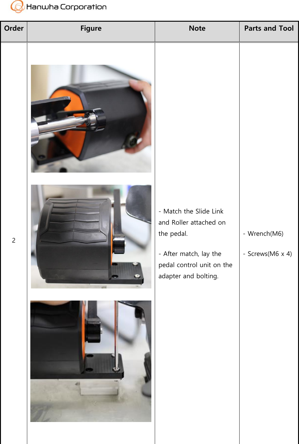  Order Figure Note Parts and Tool 2      - Match the Slide Link and Roller attached on the pedal. - After match, lay the pedal control unit on the adapter and bolting. - Wrench(M6) - Screws(M6 x 4) 
