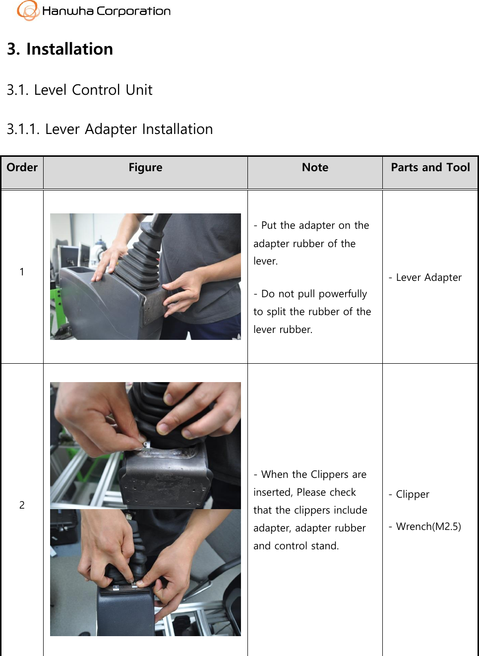  3. Installation 3.1. Level Control Unit 3.1.1. Lever Adapter Installation Order Figure Note Parts and Tool 1  - Put the adapter on the adapter rubber of the lever. - Do not pull powerfully to split the rubber of the lever rubber. - Lever Adapter 2  - When the Clippers are inserted, Please check that the clippers include adapter, adapter rubber and control stand. - Clipper - Wrench(M2.5)     