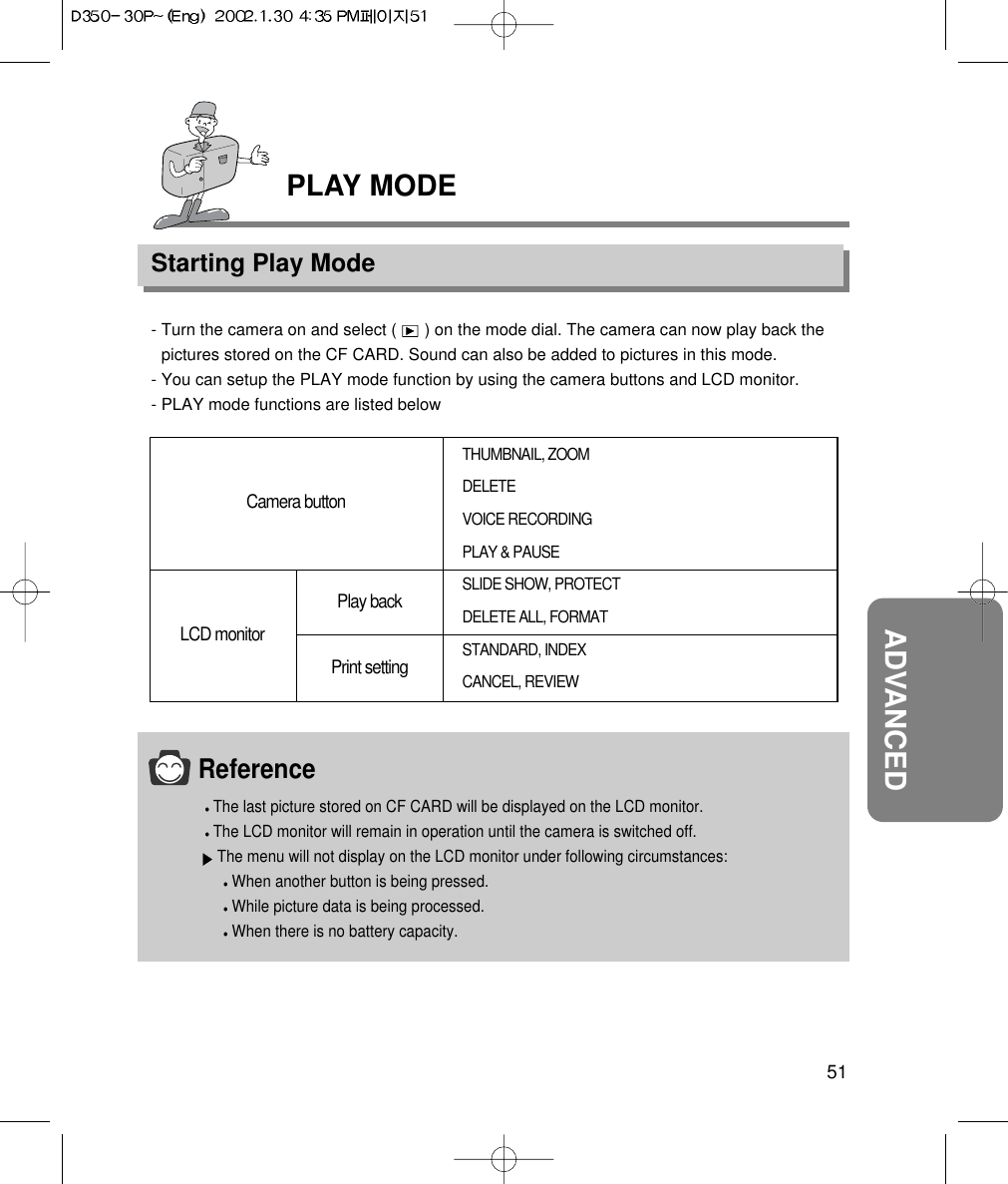 PLAY MODEStarting Play Mode51ADVANCED- Turn the camera on and select (      ) on the mode dial. The camera can now play back thepictures stored on the CF CARD. Sound can also be added to pictures in this mode.- You can setup the PLAY mode function by using the camera buttons and LCD monitor.- PLAY mode functions are listed belowTHUMBNAIL, ZOOMDELETEVOICE RECORDINGPLAY &amp; PAUSE SLIDE SHOW, PROTECTDELETE ALL, FORMATSTANDARD, INDEXCANCEL, REVIEWCamera buttonLCD monitorPlay backPrint settingReferenceThe last picture stored on CF CARD will be displayed on the LCD monitor.The LCD monitor will remain in operation until the camera is switched off.The menu will not display on the LCD monitor under following circumstances:When another button is being pressed.While picture data is being processed.When there is no battery capacity. 
