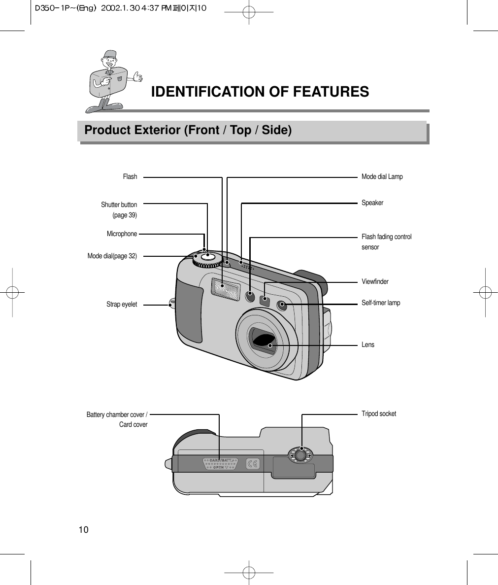 IDENTIFICATION OF FEATURESProduct Exterior (Front / Top / Side)10FlashShutter button(page 39)MicrophoneMode dial(page 32)Strap eyeletLensSelf-timer lampViewfinderFlash fading controlsensorSpeakerMode dial LampBattery chamber cover /Card coverTripod socket