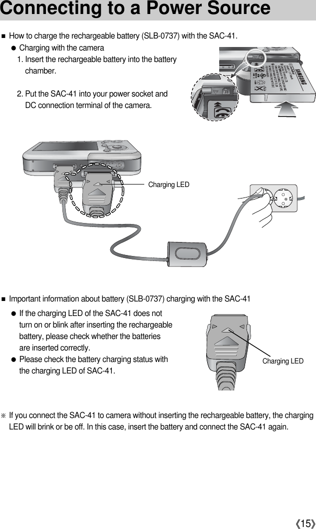 《15》Connecting to a Power Source※If you connect the SAC-41 to camera without inserting the rechargeable battery, the chargingLED will brink or be off. In this case, insert the battery and connect the SAC-41 again. ■Important information about battery (SLB-0737) charging with the SAC-41●If the charging LED of the SAC-41 does notturn on or blink after inserting the rechargeablebattery, please check whether the batteriesare inserted correctly.●Please check the battery charging status withthe charging LED of SAC-41. Charging LEDCharging LED●Charging with the camera1. Insert the rechargeable battery into the batterychamber.2. Put the SAC-41 into your power socket andDC connection terminal of the camera.■How to charge the rechargeable battery (SLB-0737) with the SAC-41.