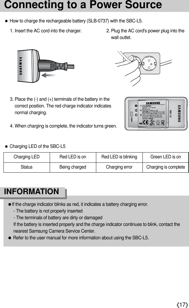 《17》Connecting to a Power Source■Charging LED of the SBC-L5Charging LED Red LED is on Red LED is blinking Green LED is onStatus Being charged Charging error Charging is complete■How to charge the rechargeable battery (SLB-0737) with the SBC-L5.3. Place the (-) and (+) terminals of the battery in thecorrect position. The red charge indicator indicatesnormal charging.4. When charging is complete, the indicator turns green.1. Insert the AC cord into the charger.  2. Plug the AC cord&apos;s power plug into thewall outlet.●If the charge indicator blinks as red, it indicates a battery charging error.- The battery is not properly inserted- The terminals of battery are dirty or damagedIf the battery is inserted properly and the charge indicator continues to blink, contact thenearest Samsung Camera Service Center.●Refer to the user manual for more information about using the SBC-L5.INFORMATION