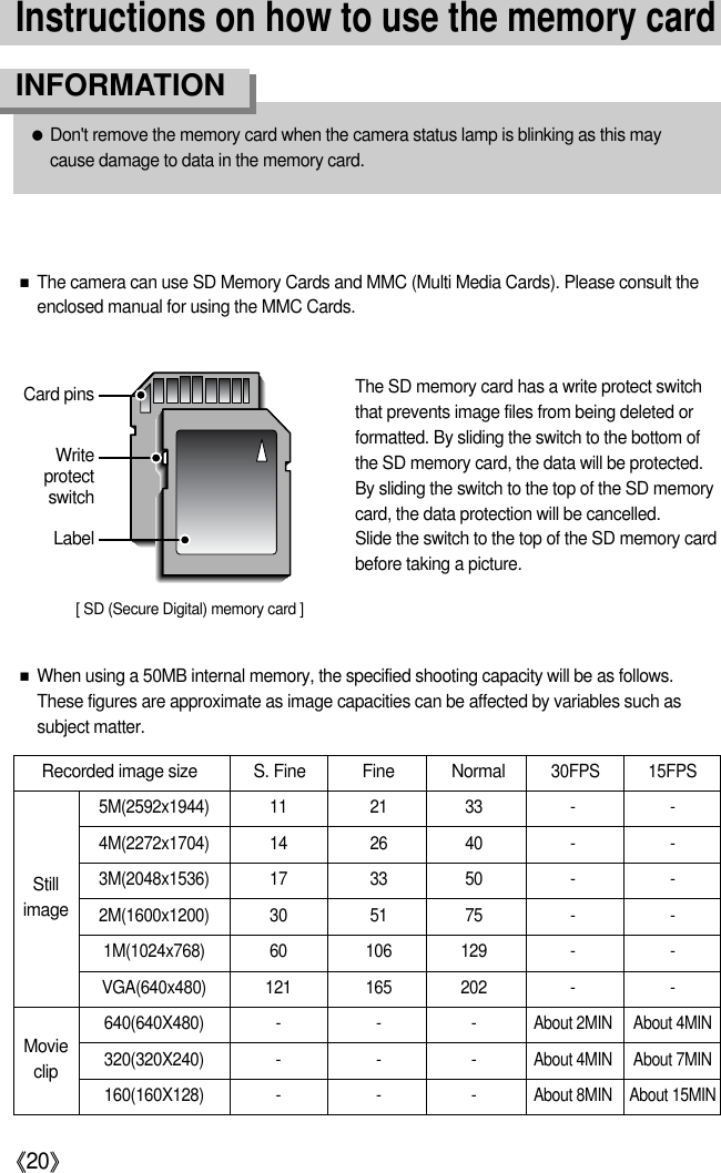 《20》Instructions on how to use the memory card●Don&apos;t remove the memory card when the camera status lamp is blinking as this maycause damage to data in the memory card.INFORMATION[ SD (Secure Digital) memory card ]WriteprotectswitchLabelCard pins■The camera can use SD Memory Cards and MMC (Multi Media Cards). Please consult theenclosed manual for using the MMC Cards.The SD memory card has a write protect switchthat prevents image files from being deleted orformatted. By sliding the switch to the bottom ofthe SD memory card, the data will be protected.By sliding the switch to the top of the SD memorycard, the data protection will be cancelled. Slide the switch to the top of the SD memory cardbefore taking a picture.■When using a 50MB internal memory, the specified shooting capacity will be as follows.These figures are approximate as image capacities can be affected by variables such assubject matter.Recorded image size S. Fine Fine Normal30FPS 15FPS5M(2592x1944) 11 21 33 - -4M(2272x1704) 14 26 40 - -3M(2048x1536) 17 33 50 - -2M(1600x1200) 30 51 75 - -1M(1024x768) 60 106 129 - -VGA(640x480) 121 165 202 - -640(640X480) - - -About 2MIN About 4MIN320(320X240) - - -About 4MIN About 7MIN160(160X128) - - -About 8MIN About 15MINStillimageMovieclip