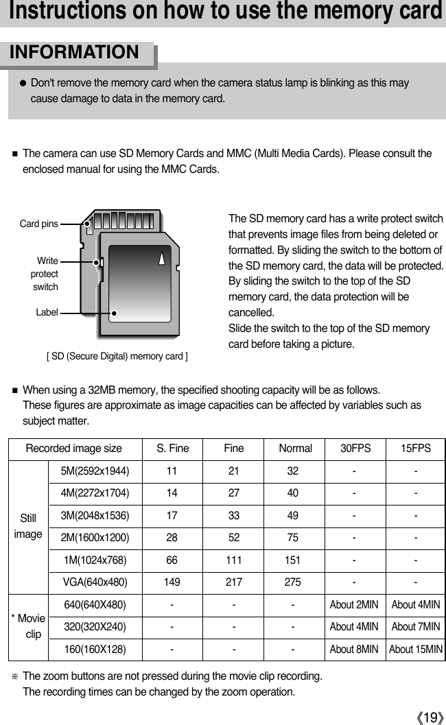 ŝ19ŞInstructions on how to use the memory cardƃDon&apos;t remove the memory card when the camera status lamp is blinking as this maycause damage to data in the memory card.INFORMATION[ SD (Secure Digital) memory card ]WriteprotectswitchLabelCard pinsƈThe camera can use SD Memory Cards and MMC (Multi Media Cards). Please consult theenclosed manual for using the MMC Cards.The SD memory card has a write protect switchthat prevents image files from being deleted orformatted. By sliding the switch to the bottom ofthe SD memory card, the data will be protected.By sliding the switch to the top of the SDmemory card, the data protection will becancelled. Slide the switch to the top of the SD memorycard before taking a picture.ƈWhen using a 32MB memory, the specified shooting capacity will be as follows. These figures are approximate as image capacities can be affected by variables such assubject matter.ſThe zoom buttons are not pressed during the movie clip recording. The recording times can be changed by the zoom operation. Recorded image size S. Fine Fine Normal30FPS 15FPS5M(2592x1944) 11 21 32 - -4M(2272x1704) 14 27 40 - -3M(2048x1536) 17 33 49 - -2M(1600x1200) 28 52 75 - -1M(1024x768) 66 111 151 - -VGA(640x480) 149 217 275 - -640(640X480) - - -About 2MIN About 4MIN320(320X240) - - -About 4MIN About 7MIN160(160X128) - - -About 8MIN About 15MINStillimage* Movieclip