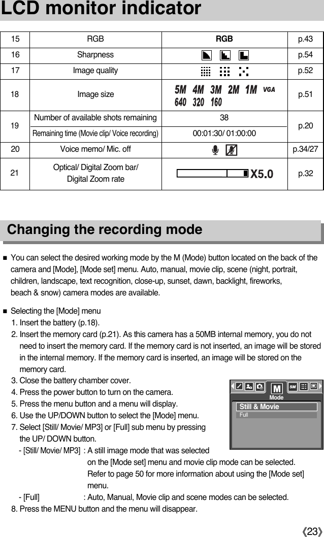 ŝ23ŞLCD monitor indicatorChanging the recording modeƈSelecting the [Mode] menu1. Insert the battery (p.18). 2. Insert the memory card (p.21). As this camera has a 50MB internal memory, you do notneed to insert the memory card. If the memory card is not inserted, an image will be storedin the internal memory. If the memory card is inserted, an image will be stored on thememory card.3. Close the battery chamber cover.4. Press the power button to turn on the camera.5. Press the menu button and a menu will display. 6. Use the UP/DOWN button to select the [Mode] menu. 7. Select [Still/ Movie/ MP3] or [Full] sub menu by pressingthe UP/ DOWN button. - [Still/ Movie/ MP3]: A still image mode that was selectedon the [Mode set] menu and movie clip mode can be selected. Refer to page 50 for more information about using the [Mode set]menu. - [Full] : Auto, Manual, Movie clip and scene modes can be selected.8. Press the MENU button and the menu will disappear. ƈYou can select the desired working mode by the M (Mode) button located on the back of thecamera and [Mode], [Mode set] menu. Auto, manual, movie clip, scene (night, portrait,children, landscape, text recognition, close-up, sunset, dawn, backlight, fireworks, beach &amp; snow) camera modes are available.  15 RGB RGB p.4316 Sharpness p.5417 Image quality p.52Number of available shots remaining 38Remaining time (Movie clip/ Voice recording)00:01:30/ 01:00:0020 Voice memo/ Mic. off p.34/271918p.51p.20Image sizeOptical/ Digital Zoom bar/ Digital Zoom rate21 p.32Still &amp; MovieFullMode