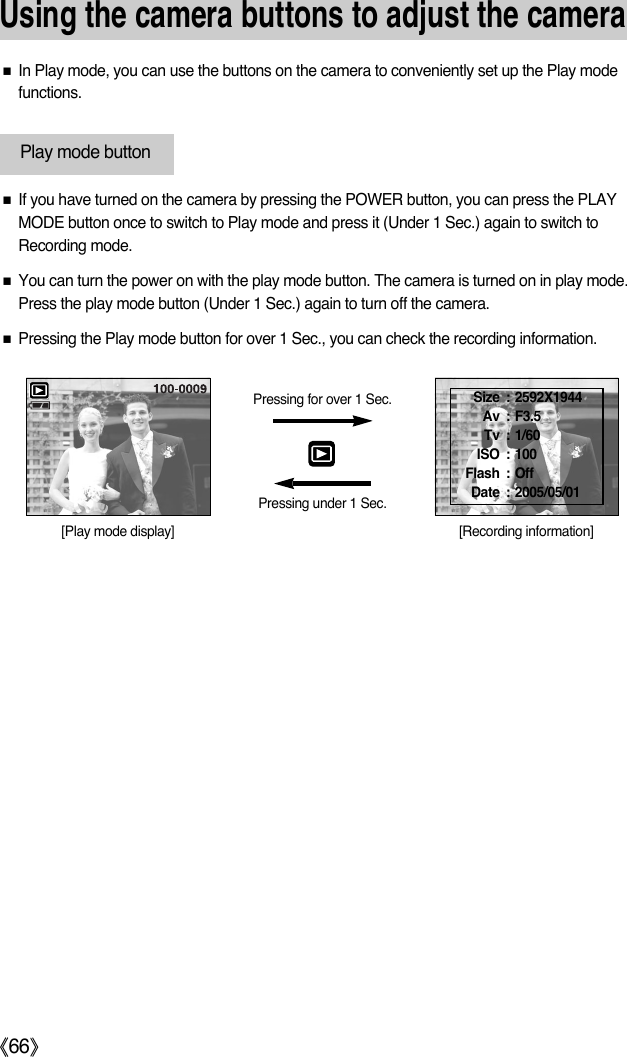 ŝ66ŞUsing the camera buttons to adjust the cameraƈIn Play mode, you can use the buttons on the camera to conveniently set up the Play modefunctions.ƈIf you have turned on the camera by pressing the POWER button, you can press the PLAYMODE button once to switch to Play mode and press it (Under 1 Sec.) again to switch toRecording mode.ƈYou can turn the power on with the play mode button. The camera is turned on in play mode.Press the play mode button (Under 1 Sec.) again to turn off the camera.ƈPressing the Play mode button for over 1 Sec., you can check the recording information.Play mode button[Play mode display] [Recording information]Pressing for over 1 Sec.Pressing under 1 Sec.Size : 2592X1944Av : F3.5Tv : 1/60ISO : 100 Flash : OffDate : 2005/05/01
