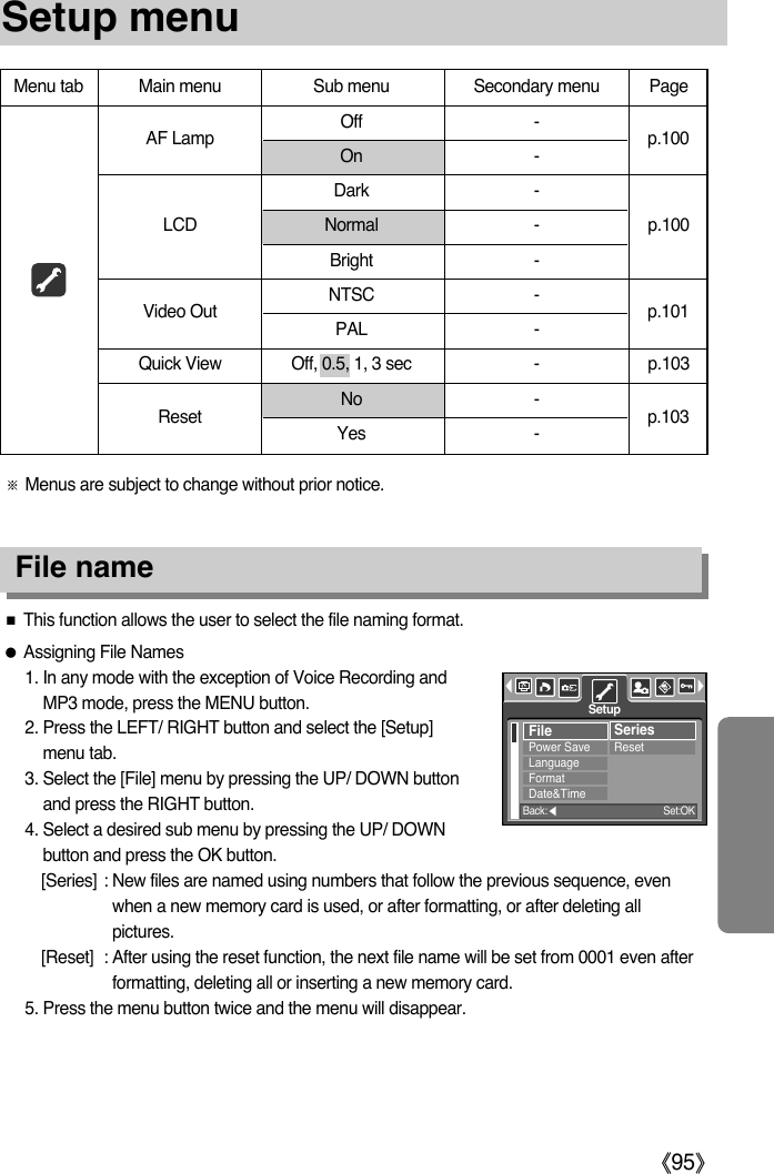 ŝ95ŞSetup menuſMenus are subject to change without prior notice.Menu tab Main menu Sub menu Secondary menu PageOff -On -Dark -LCD Normal - p.100Bright -NTSC -PAL -Quick View Off, 0.5, 1, 3 sec - p.103No -Yes -Video OutAF LampResetp.100p.101p.103ƈThis function allows the user to select the file naming format.ƃAssigning File Names1. In any mode with the exception of Voice Recording andMP3 mode, press the MENU button.2. Press the LEFT/ RIGHT button and select the [Setup]menu tab.3. Select the [File] menu by pressing the UP/ DOWN buttonand press the RIGHT button.4. Select a desired sub menu by pressing the UP/ DOWNbutton and press the OK button.[Series] : New files are named using numbers that follow the previous sequence, evenwhen a new memory card is used, or after formatting, or after deleting allpictures. [Reset] : After using the reset function, the next file name will be set from 0001 even afterformatting, deleting all or inserting a new memory card.5. Press the menu button twice and the menu will disappear.File nameFilePower SaveLanguageFormatDate&amp;TimeSeriesResetSetupBack:ȜSet:OK